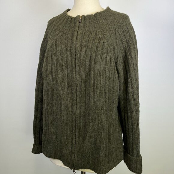 Vintage SKYR Green Knit Ribbed Wool Sweater Cardigan Large Zip Up Nordic Granny - Picture 1 of 10